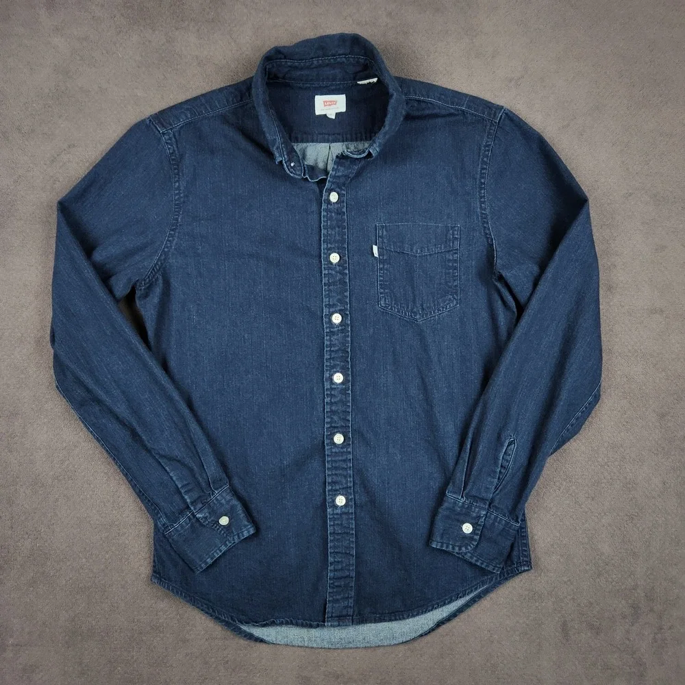 Levis Denim Shirt Mens Small Dark Blue Long Sleeve Button Up Pocket Stretch